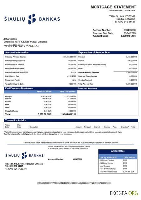 Lituanie AB Šiaulių bankas relevé hypothécaire Modèle Word et PDF